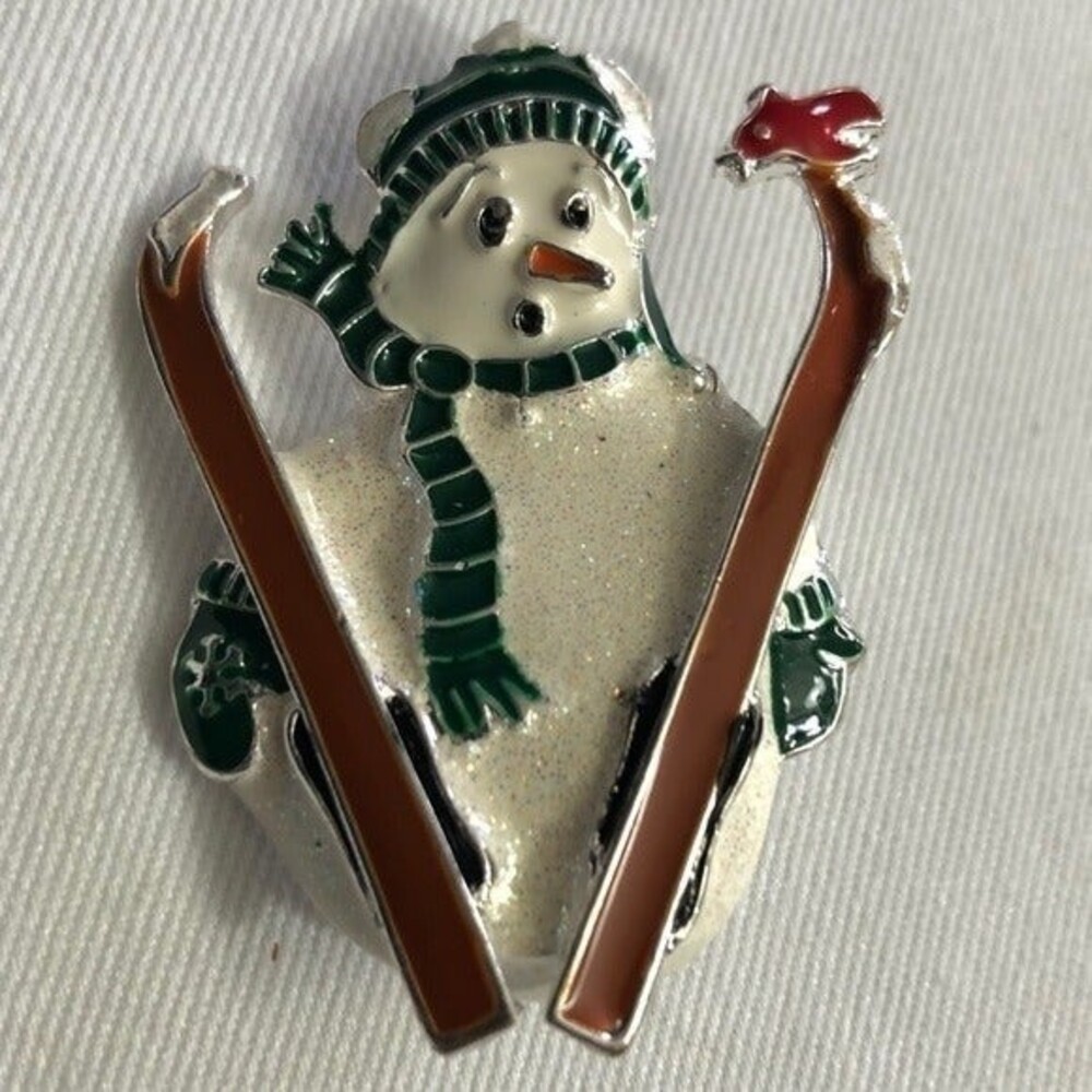 Enamel Skiing Snowman Brooch